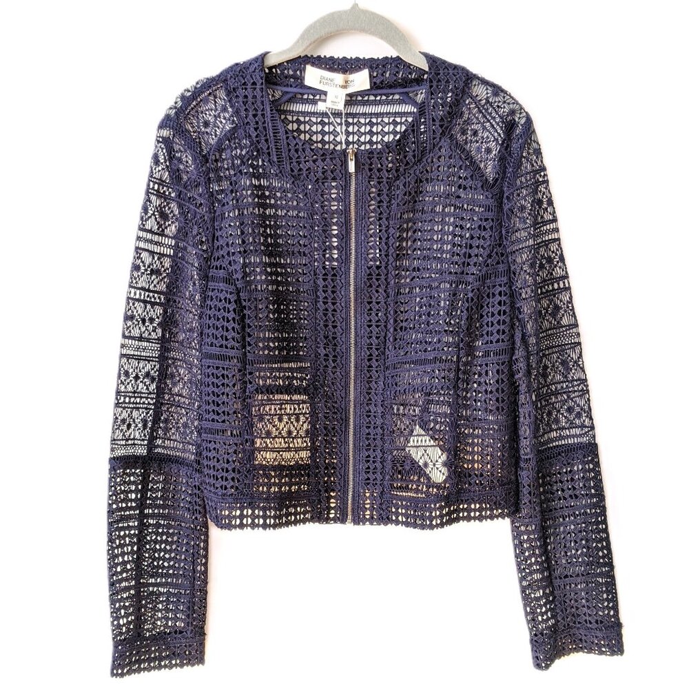 DIANE VON FURSTENBERG NWT Navy ARLETTE Cropped Lace Jacket $498 Size 10